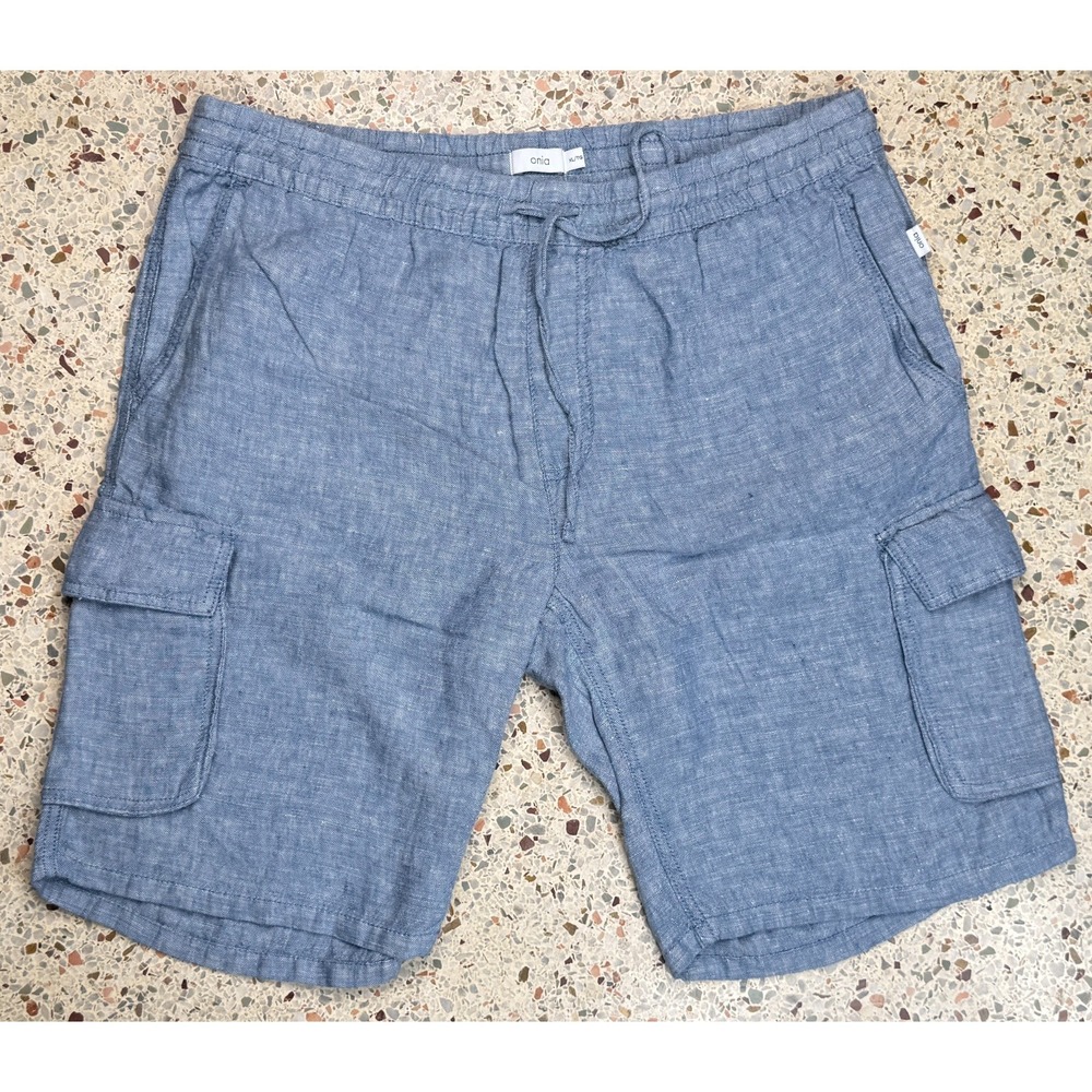 Onia Men's 100% Blue Linen Drawstring Waist Cargo Shorts Size XL